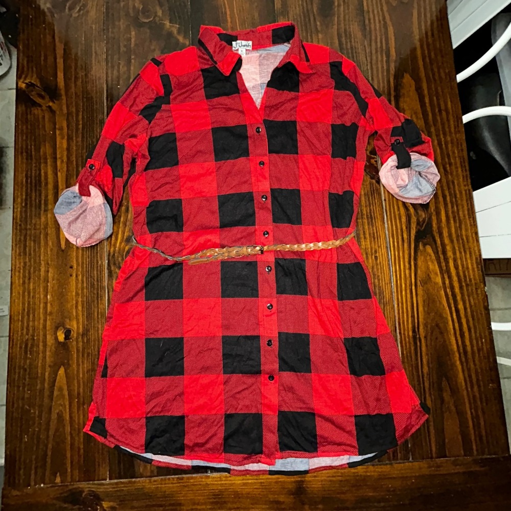 J for Justify Shirt Dress XL‎ Red Black Buffalo Plaid Belted Roll Tab Sleeve XL - Picture 6 of 6